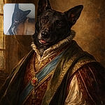 A goofy big-eared dog flopped in the corner, giving the camera a sleepy side-eye with its tongue peeking out — looks part model, part houseplant. The warm brown and black coat fills the frame while a plain white wall and tile floor keep the vibe minimal and very cozy.