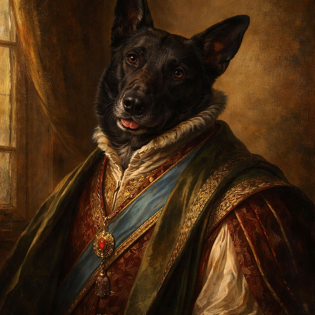 A goofy big-eared dog flopped in the corner, giving the camera a sleepy side-eye with its tongue peeking out — looks part model, part houseplant. The warm brown and black coat fills the frame while a plain white wall and tile floor keep the vibe minimal and very cozy.