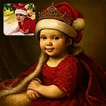A cute baby dressed in a festive red outfit and Santa hat lies on a fluffy white blanket under a decorated Christmas tree with colorful ornaments, looking curiously at the camera with big bright eyes.