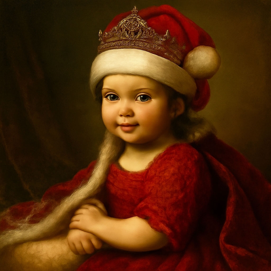 A cute baby dressed in a festive red outfit and Santa hat lies on a fluffy white blanket under a decorated Christmas tree with colorful ornaments, looking curiously at the camera with big bright eyes.
