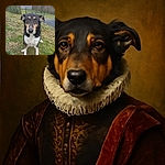 A charming dog with soulful eyes sits patiently on a patch of grass in a backyard, framed by a wire fence and some greenery, looking like it's waiting for a treat or a belly rub.