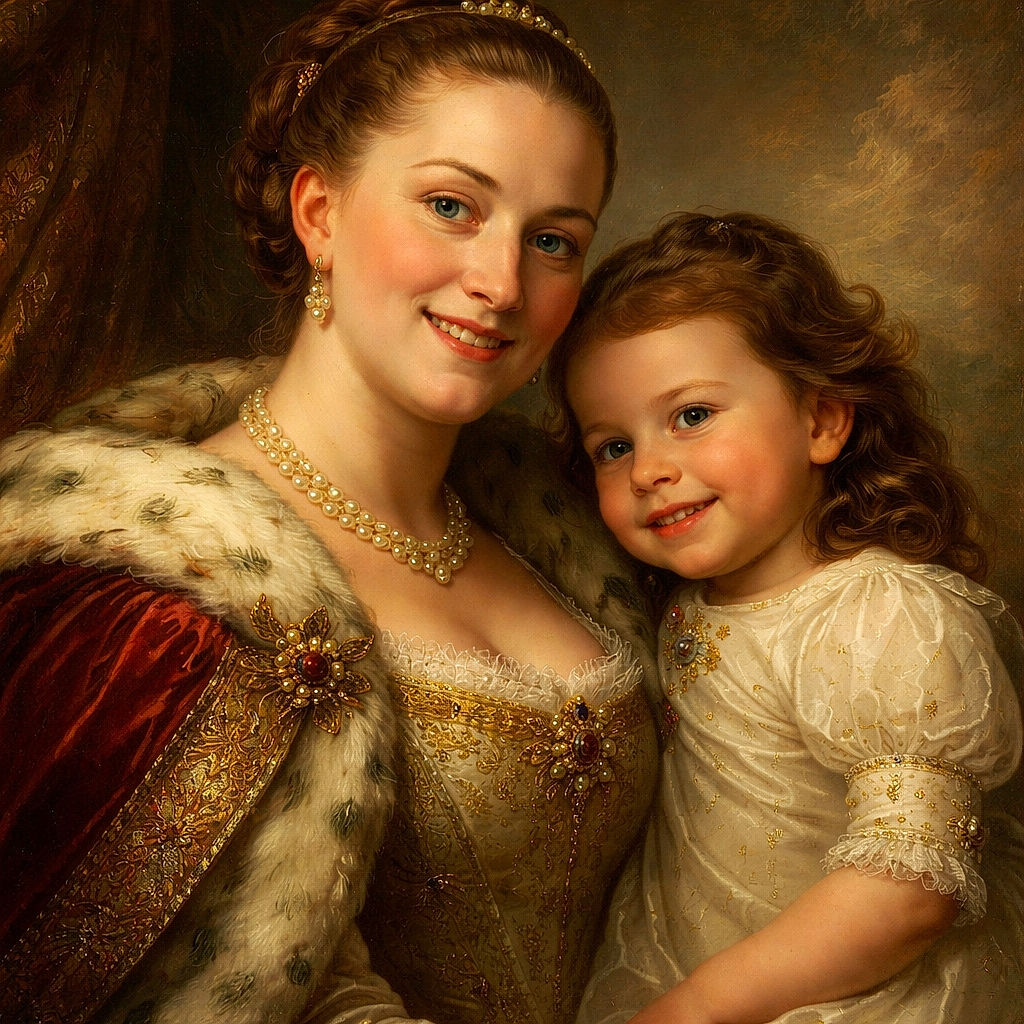 A cheerful selfie featuring a smiling woman and a joyful little girl sharing a candid moment indoors, with ceiling lights softly illuminating their happy faces.