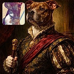 A close-up side profile of a serious-looking dog wearing a shiny chain collar, basking in the sunlight against a textured wall and a smooth surface background.