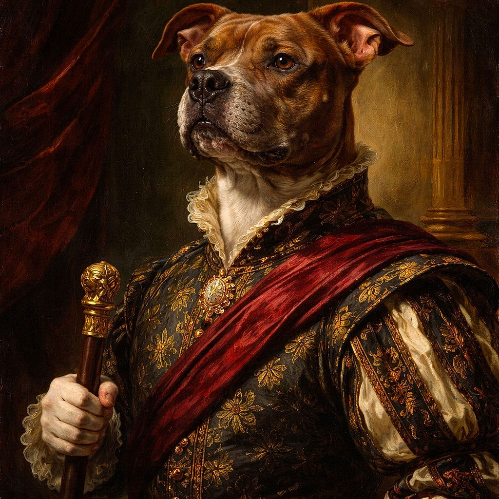 A close-up side profile of a serious-looking dog wearing a shiny chain collar, basking in the sunlight against a textured wall and a smooth surface background.