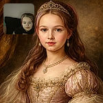 A dimly lit photo of a young child with faint pink streaks in her hair sitting on a dark couch, looking down with a calm expression, while another person is partially visible on the left side.