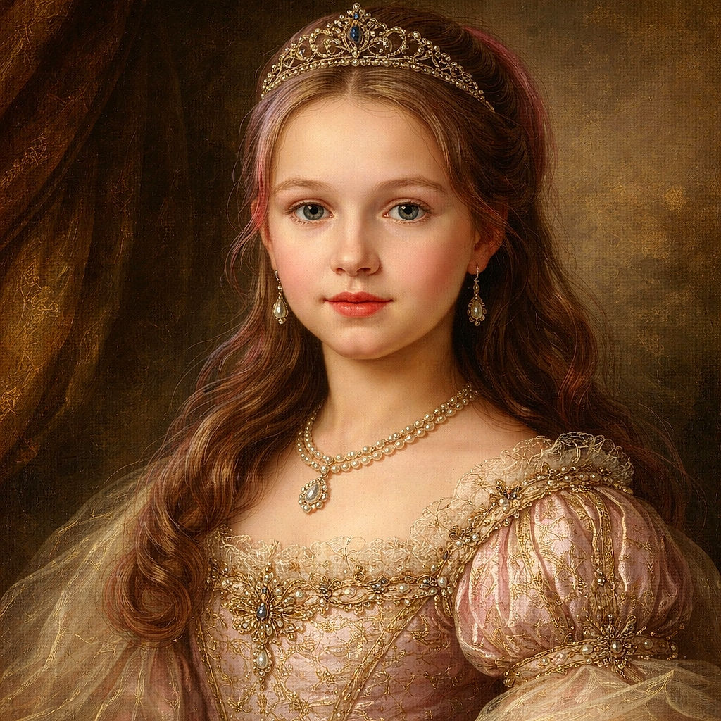 A dimly lit photo of a young child with faint pink streaks in her hair sitting on a dark couch, looking down with a calm expression, while another person is partially visible on the left side.