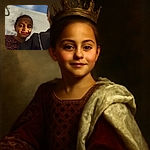 A smiling child with a leopard print top is bathed in warm sunlight, casting interesting shadows on their face. The background shows a blue sky with soft clouds and a white building, while part of an adult wearing a dark coat and chain strap is visible in the foreground.