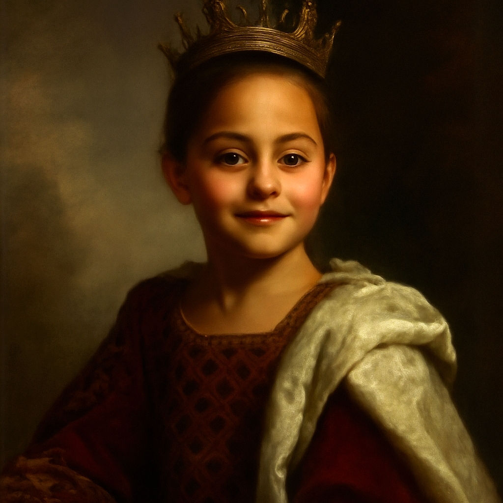 A smiling child with a leopard print top is bathed in warm sunlight, casting interesting shadows on their face. The background shows a blue sky with soft clouds and a white building, while part of an adult wearing a dark coat and chain strap is visible in the foreground.