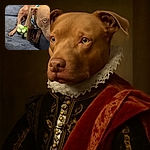 A curious brown dog with striking eyes sits on a dark blue couch, clutching a green knitted toy between its legs, looking slightly to the right as if caught mid-thought or mid-escape.