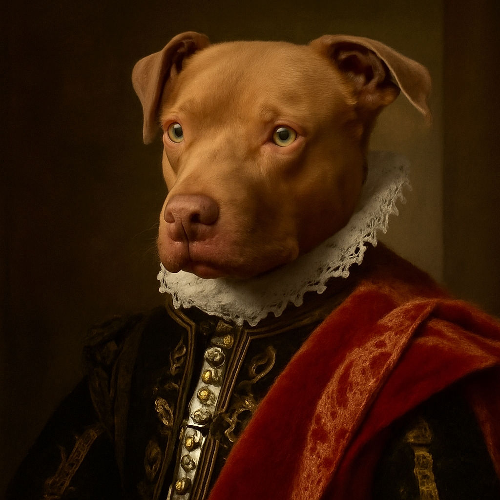 A curious brown dog with striking eyes sits on a dark blue couch, clutching a green knitted toy between its legs, looking slightly to the right as if caught mid-thought or mid-escape.