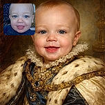 A close-up of a happy baby with sparkling blue eyes and a cheeky smile, sticking out their tongue slightly. The background is a dark blue with small white dots, resembling a starry night sky, adding a whimsical touch.