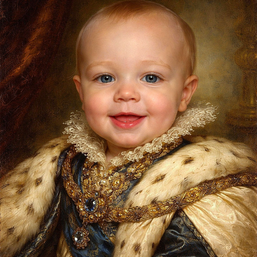 A close-up of a happy baby with sparkling blue eyes and a cheeky smile, sticking out their tongue slightly. The background is a dark blue with small white dots, resembling a starry night sky, adding a whimsical touch.