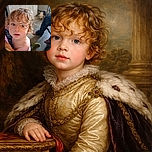 A curious toddler with curly hair gazes up with wide eyes, slightly out of focus but full of innocence, while in the background a blurred dog and a seated adult's legs add a cozy home vibe.