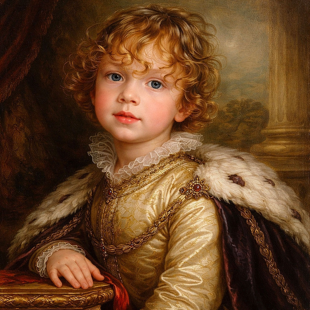 A curious toddler with curly hair gazes up with wide eyes, slightly out of focus but full of innocence, while in the background a blurred dog and a seated adult's legs add a cozy home vibe.