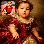 A chubby-cheeked baby sitting comfortably on a coral quilted bedspread, wearing a bright red shirt and black shorts, with a curious and slightly amused expression, framed by soft natural light from a nearby window.