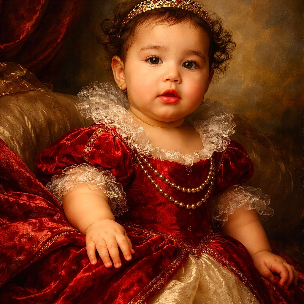 A chubby-cheeked baby sitting comfortably on a coral quilted bedspread, wearing a bright red shirt and black shorts, with a curious and slightly amused expression, framed by soft natural light from a nearby window.