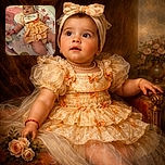 A chubby baby dressed in a cute Halloween-themed outfit lies on a colorful blanket with stars and an elephant design, looking curiously off to the side while sporting a headband with a big bow.