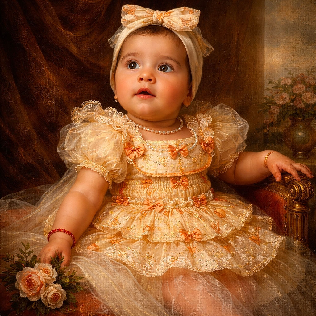 A chubby baby dressed in a cute Halloween-themed outfit lies on a colorful blanket with stars and an elephant design, looking curiously off to the side while sporting a headband with a big bow.
