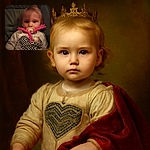 A toddler with a pacifier in their mouth has several pink clothespins clipped to it, creating a quirky and amusing look. The child wears a white shirt with a black and white heart pattern, sitting against a dark background with soft lighting.