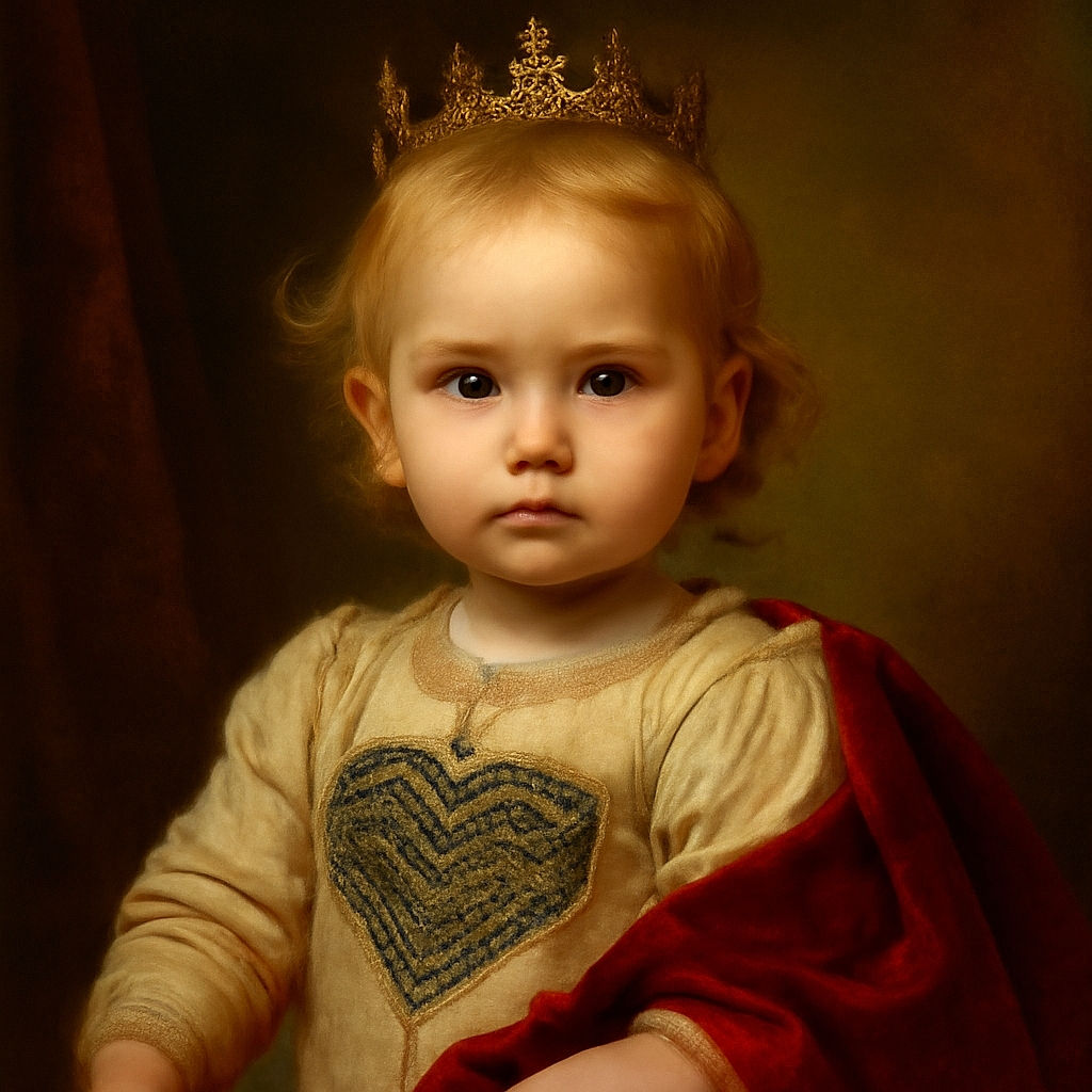 A toddler with a pacifier in their mouth has several pink clothespins clipped to it, creating a quirky and amusing look. The child wears a white shirt with a black and white heart pattern, sitting against a dark background with soft lighting.