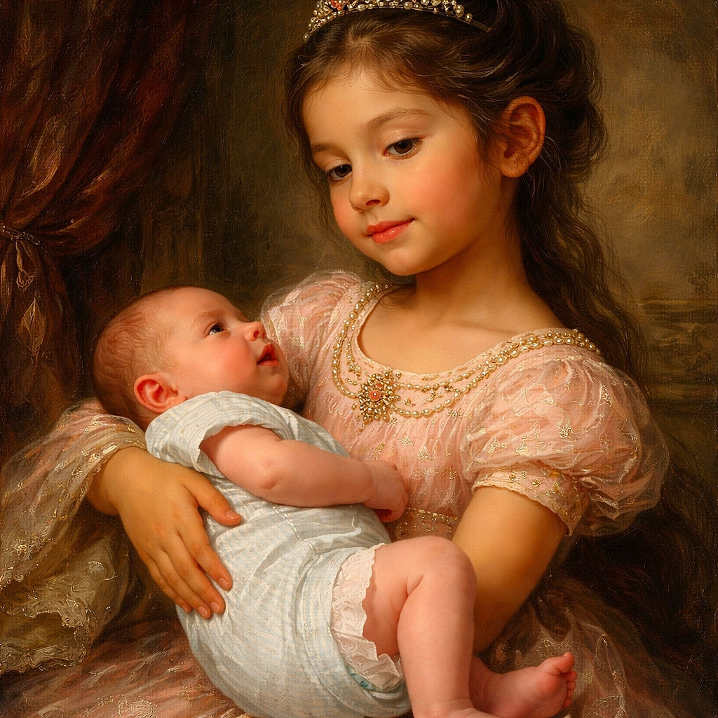 A tender moment captured as a young girl gently cradles a newborn baby, their faces close in a warm embrace. The girl looks down with affection while the baby gazes up, set against a cozy indoor background with a couch and a chair.