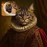 A fluffy tabby cat sits attentively on a round woven rug with a wooden floor and chair legs in the background, the cat's big eyes and whiskers stealing the spotlight.
