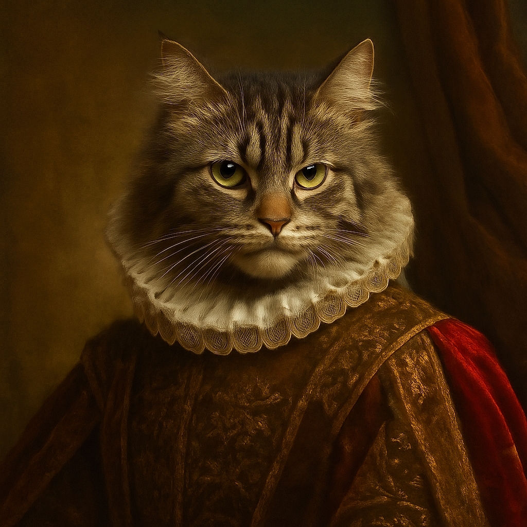 A fluffy tabby cat sits attentively on a round woven rug with a wooden floor and chair legs in the background, the cat's big eyes and whiskers stealing the spotlight.