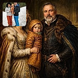 A happy family of three is enjoying a snowy day outdoors. The woman in a white jacket with a furry hood and orange pants is holding a baby dressed in a cute orange snowsuit with a pacifier and sunglasses. The man in a black jacket and bright blue pants smiles warmly beside them, surrounded by snow and pine trees.