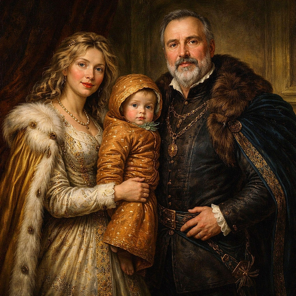 A happy family of three is enjoying a snowy day outdoors. The woman in a white jacket with a furry hood and orange pants is holding a baby dressed in a cute orange snowsuit with a pacifier and sunglasses. The man in a black jacket and bright blue pants smiles warmly beside them, surrounded by snow and pine trees.