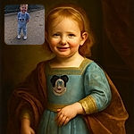 A cute toddler stands confidently on a paved path with hands in pockets, sporting light denim overalls with a Mickey Mouse patch and a red pacifier. The background is lush with green ivy and bushes, and the word 'mood:' humorously floats beside the child, adding a playful vibe.