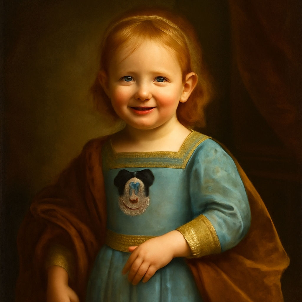 A cute toddler stands confidently on a paved path with hands in pockets, sporting light denim overalls with a Mickey Mouse patch and a red pacifier. The background is lush with green ivy and bushes, and the word 'mood:' humorously floats beside the child, adding a playful vibe.