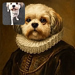 A fluffy cream-colored dog with a slightly blurred wagging tail looks up with big, curious eyes on a textured pavement background, capturing a moment of playful anticipation.