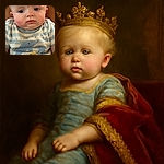 A close-up of a chubby-cheeked baby with a slightly pensive expression, wearing a striped shirt featuring playful sea creatures and the text 'just like my dad'. The soft lighting highlights the baby's delicate features and wispy blonde hair.