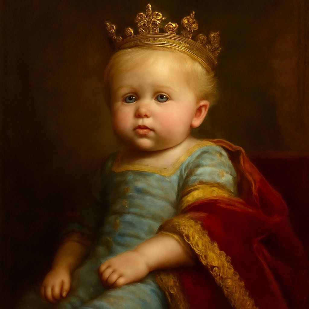 A close-up of a chubby-cheeked baby with a slightly pensive expression, wearing a striped shirt featuring playful sea creatures and the text 'just like my dad'. The soft lighting highlights the baby's delicate features and wispy blonde hair.