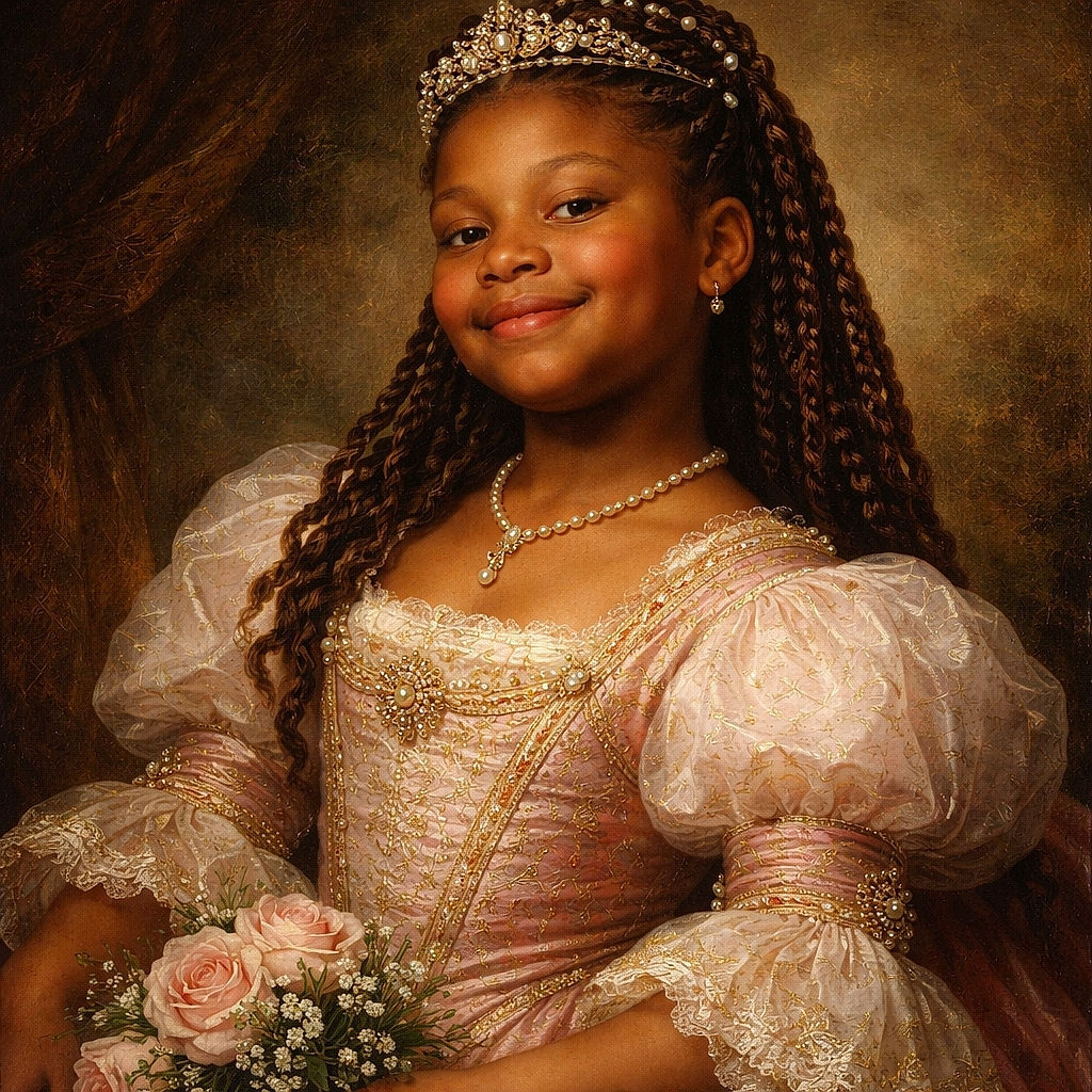 A cheerful young child flashes a peace sign while lying down, surrounded by classroom chairs and desks, with a playful smile and braided hair adding to the candid, joyful vibe.