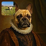 A charming French Bulldog stands alert on a sunny grassy lawn with a clear blue sky and distant hills in the background, framed by a palm tree on the right and a white pergola structure behind.