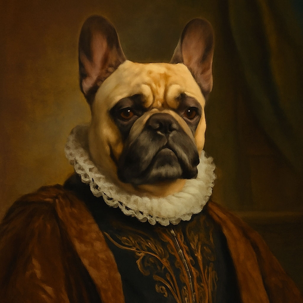 A charming French Bulldog stands alert on a sunny grassy lawn with a clear blue sky and distant hills in the background, framed by a palm tree on the right and a white pergola structure behind.
