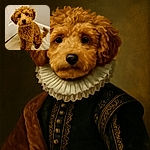 An adorable curly-haired dog sitting attentively on a beige carpet in front of a white door and light-colored wall, giving the camera puppy-dog eyes that melt hearts.