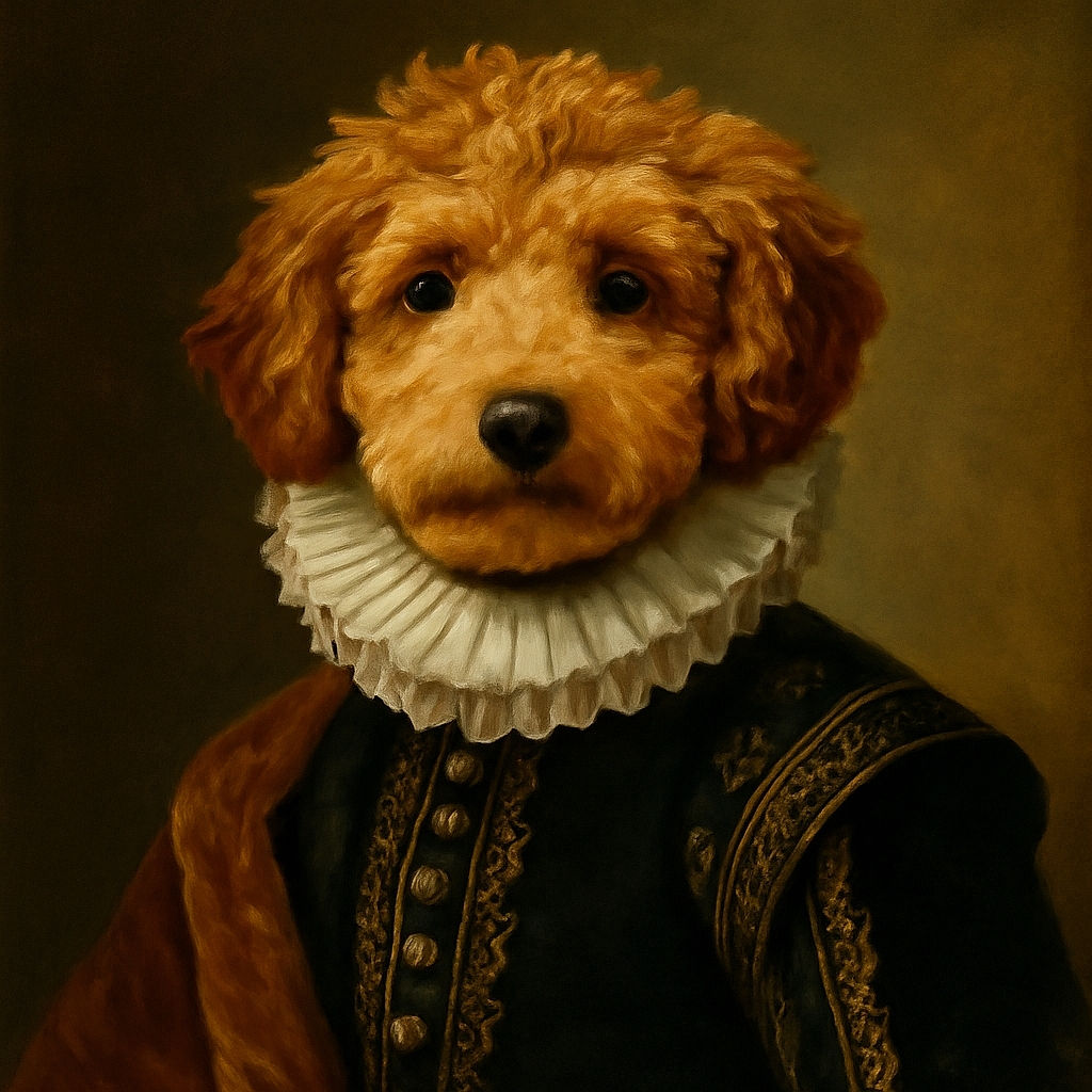 An adorable curly-haired dog sitting attentively on a beige carpet in front of a white door and light-colored wall, giving the camera puppy-dog eyes that melt hearts.