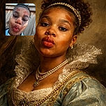 A young child with playful face paint mimicking a dog, puckering lips for a selfie in front of a wooden fence under a clear blue sky.