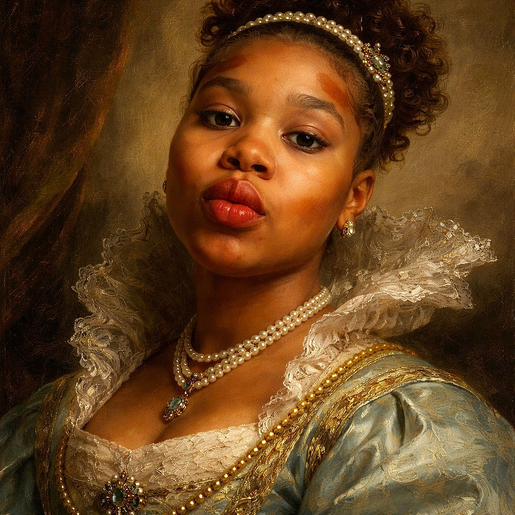 A young child with playful face paint mimicking a dog, puckering lips for a selfie in front of a wooden fence under a clear blue sky.