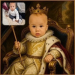 A wide-eyed baby sits proudly on a fluffy blanket, looking like a tiny executive waiting for the meeting to start, while an adult and a wonderfully chaotic pile of clothing fill the background.