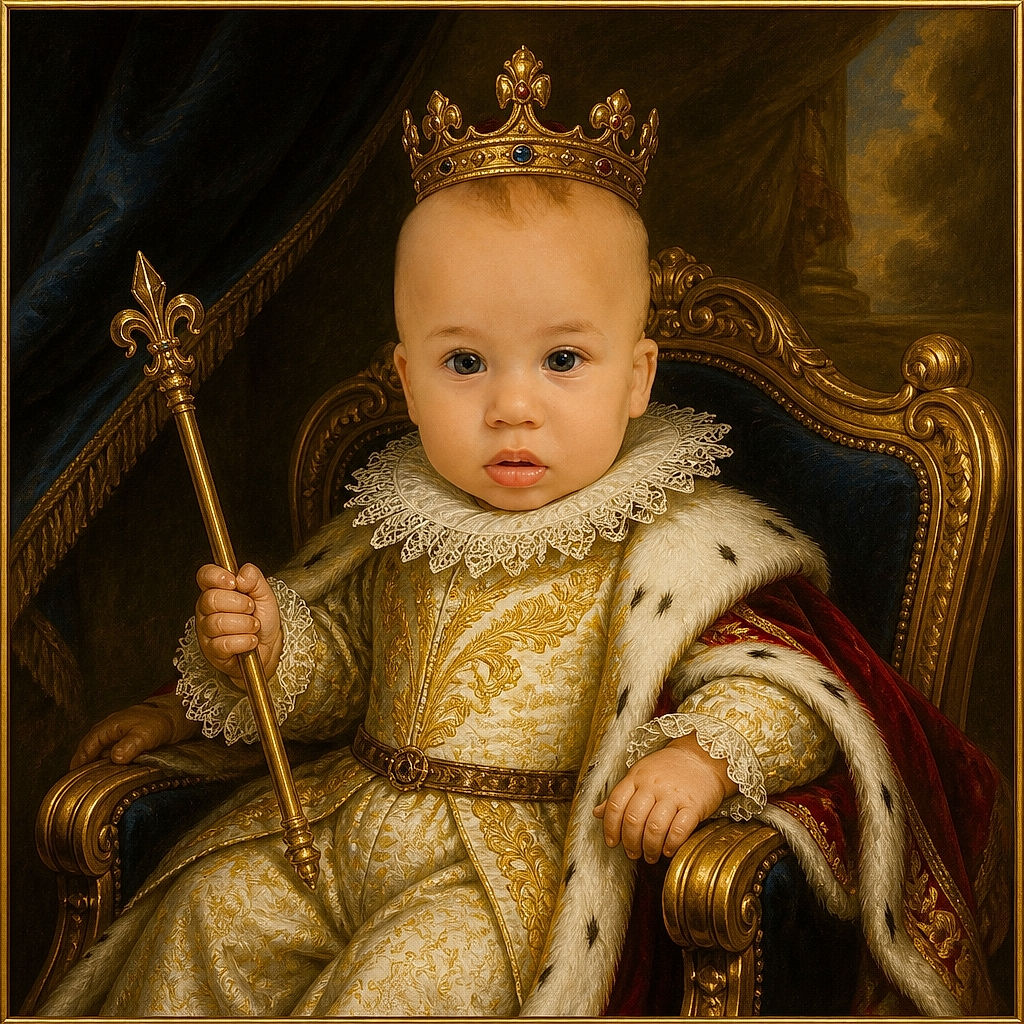 A wide-eyed baby sits proudly on a fluffy blanket, looking like a tiny executive waiting for the meeting to start, while an adult and a wonderfully chaotic pile of clothing fill the background.