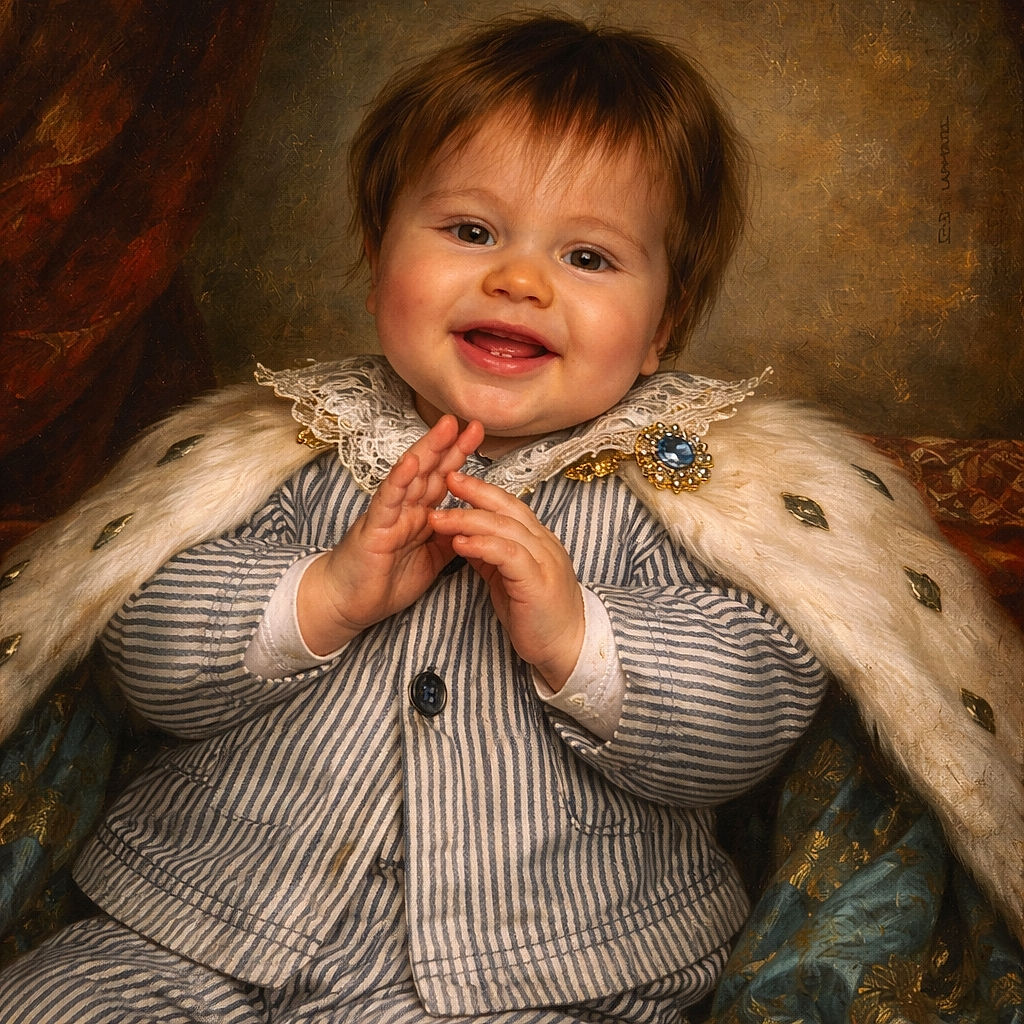 A delighted baby in stripey pajamas is camped on a giant pillow, clapping chubby hands and grinning with a pacifier parked nearby — tiny drool, tiny teeth, and maximum joy. A TV remote and couch peek in like uninvited guests to this cozy cuddle portrait.