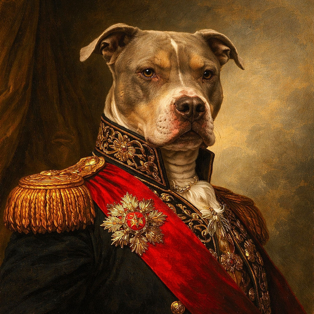 A serious-looking pitbull leans over a ledge as if demanding snacks or an explanation. Close-up of its expressive eyes, big nose and plaid bandana with a cozy bed and tiled floor in the background — equal parts adorable and mildly accusatory.