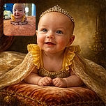 A happy baby with big bright eyes and a toothless smile is lying on a soft orange blanket, wearing a yellow outfit with ruffled sleeves, while a blue wall and some blurred background elements add a cozy indoor vibe.