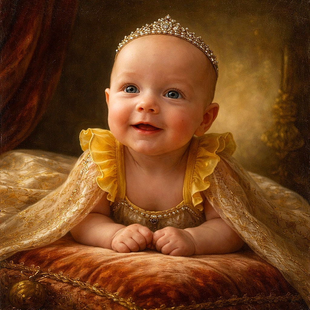 A happy baby with big bright eyes and a toothless smile is lying on a soft orange blanket, wearing a yellow outfit with ruffled sleeves, while a blue wall and some blurred background elements add a cozy indoor vibe.