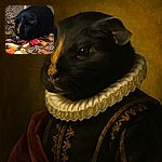 A chubby black guinea pig with a distinctive tan stripe on its face is munching on a colorful mix of vegetables and fruits, surrounded by wood chips and a brick wall background.