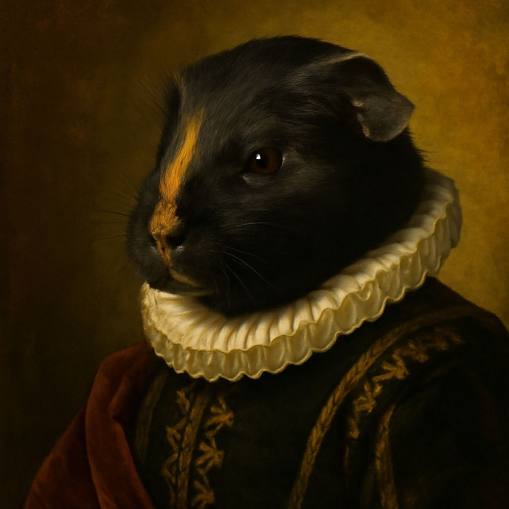 A chubby black guinea pig with a distinctive tan stripe on its face is munching on a colorful mix of vegetables and fruits, surrounded by wood chips and a brick wall background.