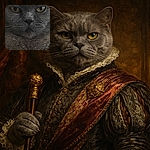 A grumpy grey cat fills the frame in an epic close-up — golden eyes locking onto the camera, whiskers fanned like a mustache, and plush fur texture that seems to judge your snack choices.